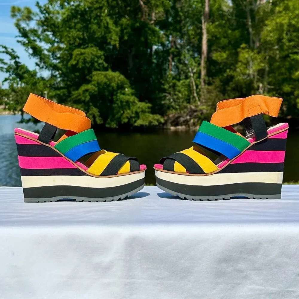 PRADA Peep Toe Platform Multi Strap Multi Color Bandage Slingback Wedge NEW 36